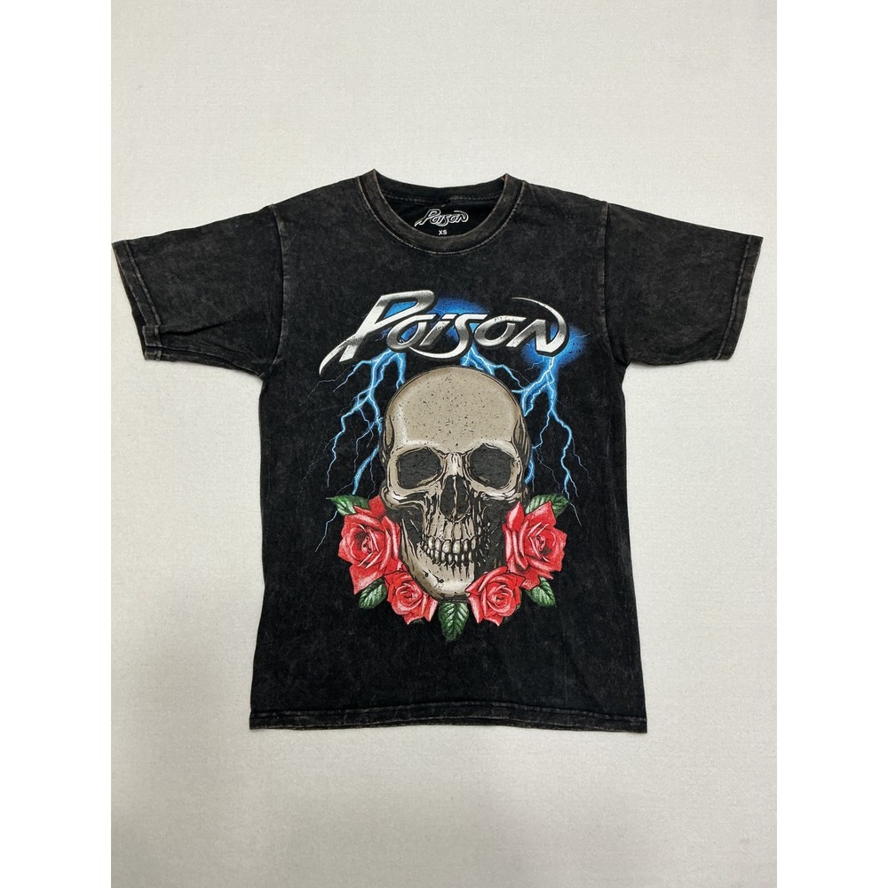 Poison Band T Shirt XS Skull Roses Lightning Mineral Wash Rock Metal Tee Black